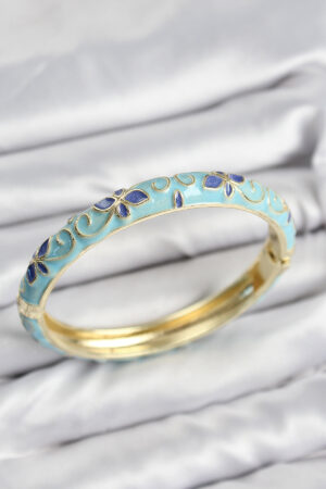 Mineli Pirinç Turkuaz Çiçek Motifli Gold Kadın Kelepçe