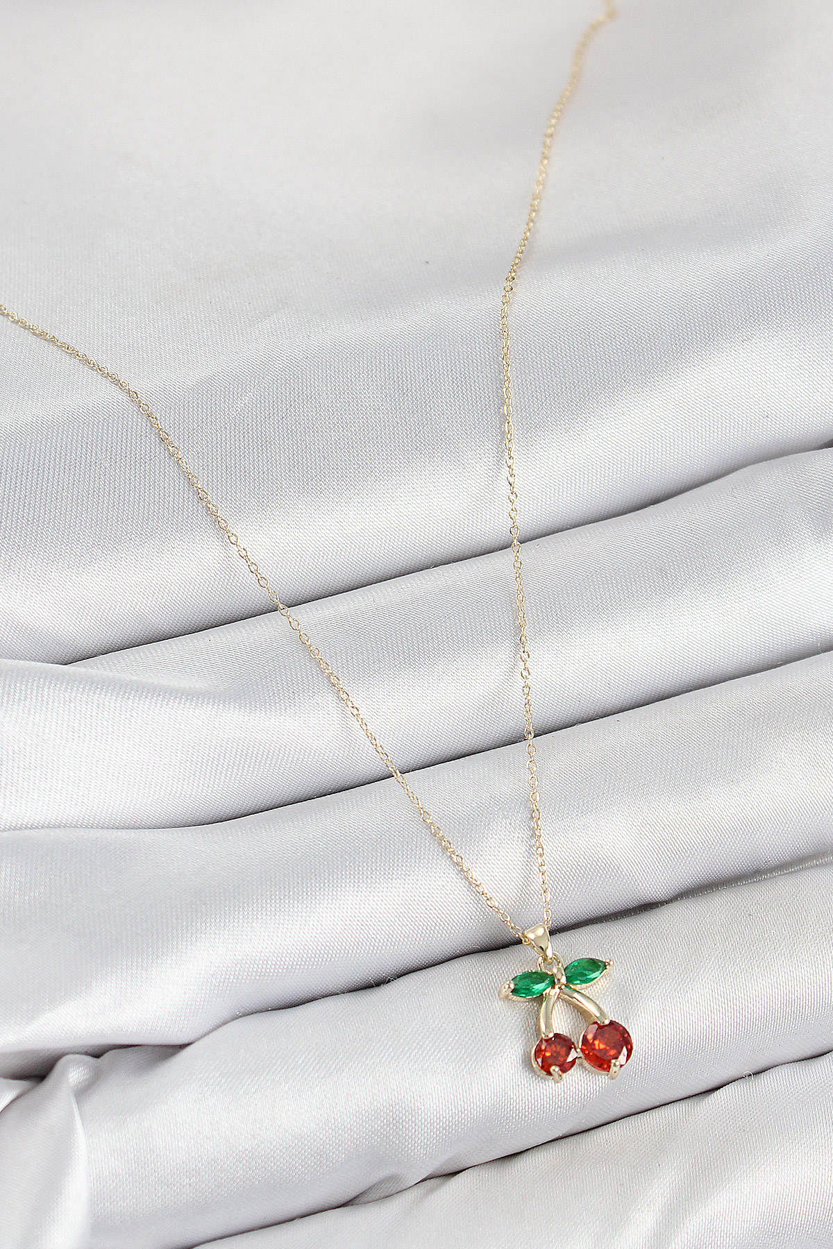 Pirinç Zirkon Taşlı Kiraz Model Gold Renk Kadın Kolye - Görsel 2