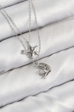 Pirinç Zirkon Taşlı Yıldız Ve Ay Model Gümüş Renk Kadın Kolye