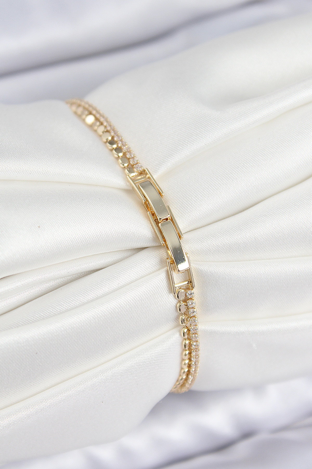 Pirinç Zirkon Taşlı Ezme Zincirli Kalp Model Gold Renk Kadın Bilekilk - Görsel 2