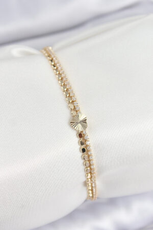 Pirinç Zirkon Taşlı Ezme Zincirli Kalp Model Gold Renk Kadın Bilekilk