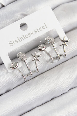 Pirinç Zirkon Taşlı Deniz Yıldızı ve İstiridye Model Gümüş Renk Kadın Küpe