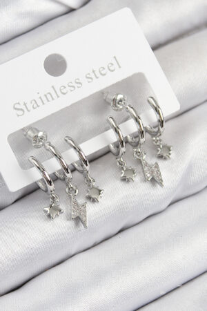 Pirinç Zirkon Taşlı Şimşek Model Gümüş Renk Kadın Küpe