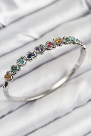 Pirinç Renkli Zirkon Taşlı Sıralı Kalp Model Gümüş Renk Kadın Kelepçe