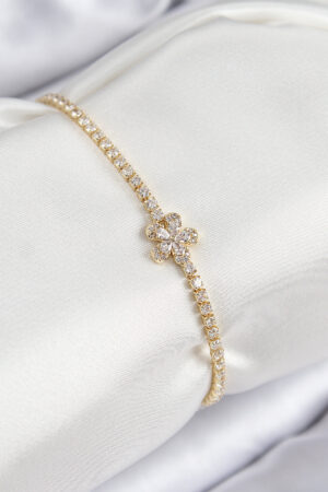 Pirinç Zirkon Taşlı Çiçek Model Gold Renk Kadın Bileklik