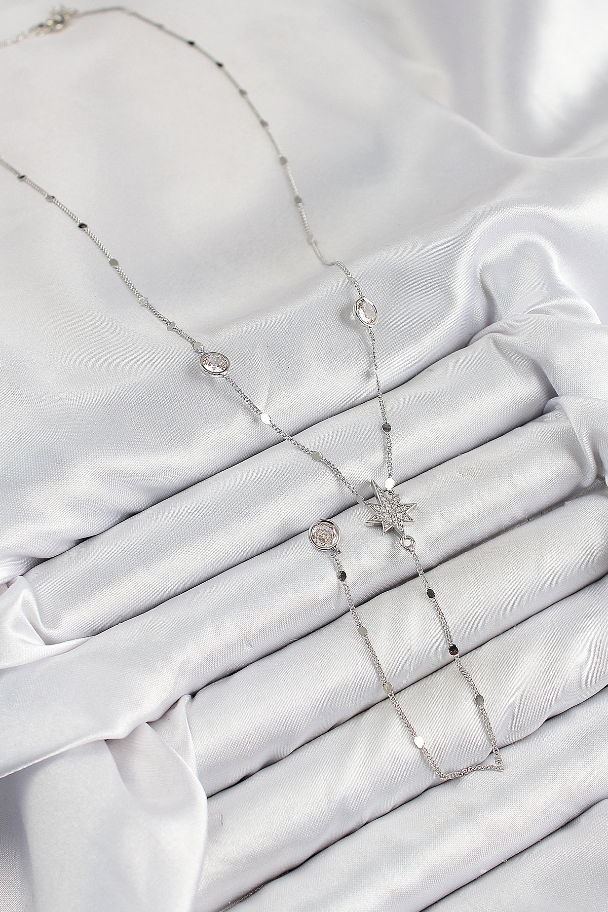 Pirinç Zirkon Taşlı Kutup Yıldızı Model Gümüş Renk Y Kolye - Görsel 2