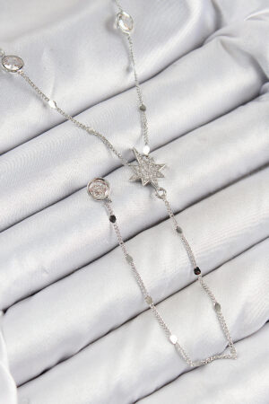 Pirinç Zirkon Taşlı Kutup Yıldızı Model Gümüş Renk Y Kolye