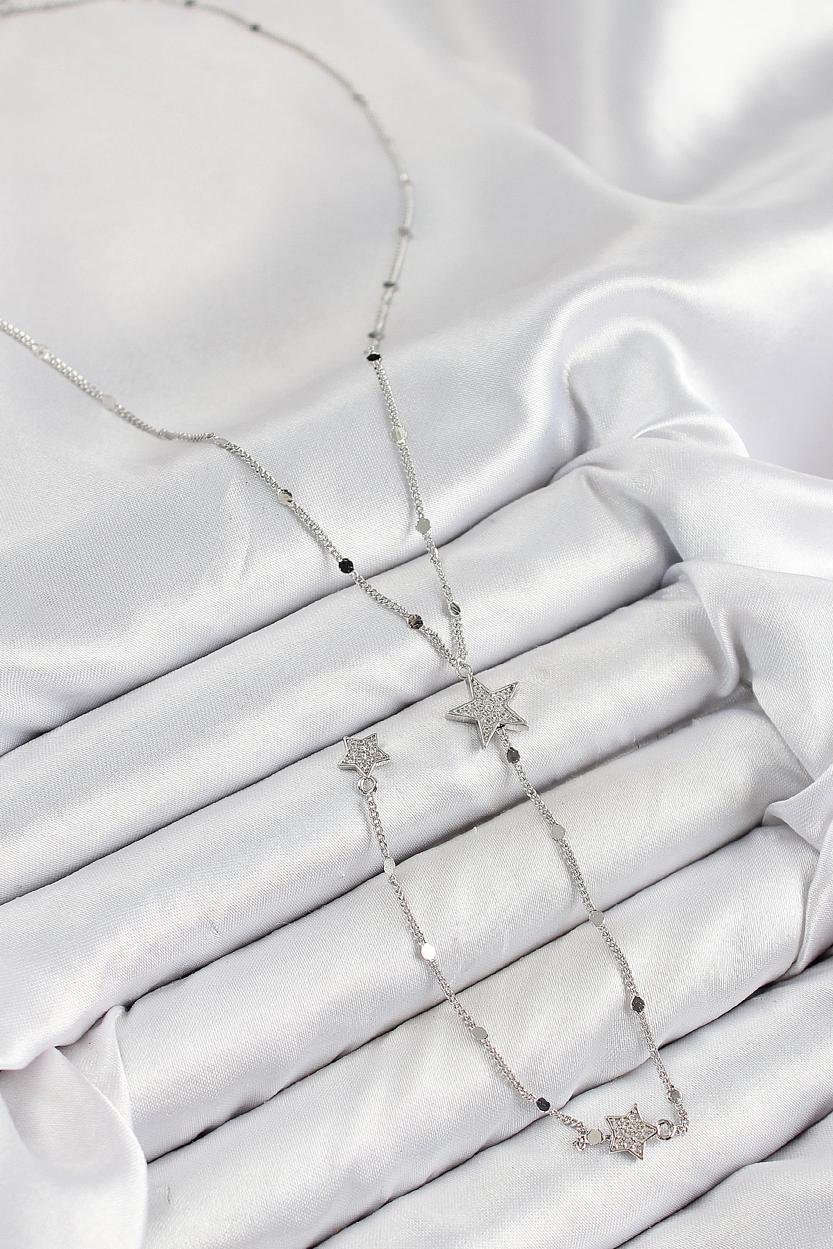 Pirinç Zirkon Taşlı Yıldız Model Gümüş Renk Y Kolye - Görsel 2