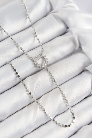 Pirinç Zirkon Taşlı Ezme Zincirli Kalp Model Gümüş Renk Y Kolye