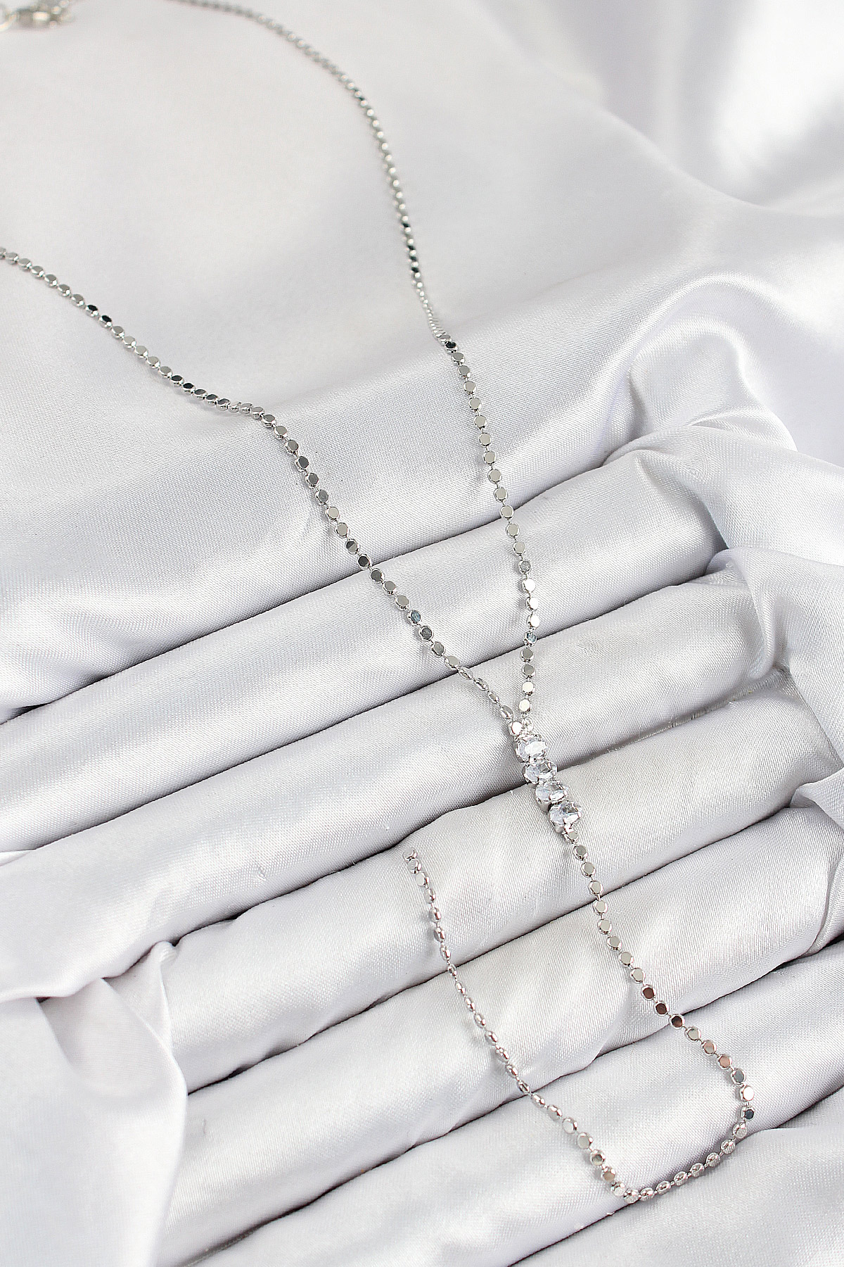 Pirinç Zirkon Taşlı Ezme Zincirli Model Gümüş Renk Y Kolye - Görsel 2