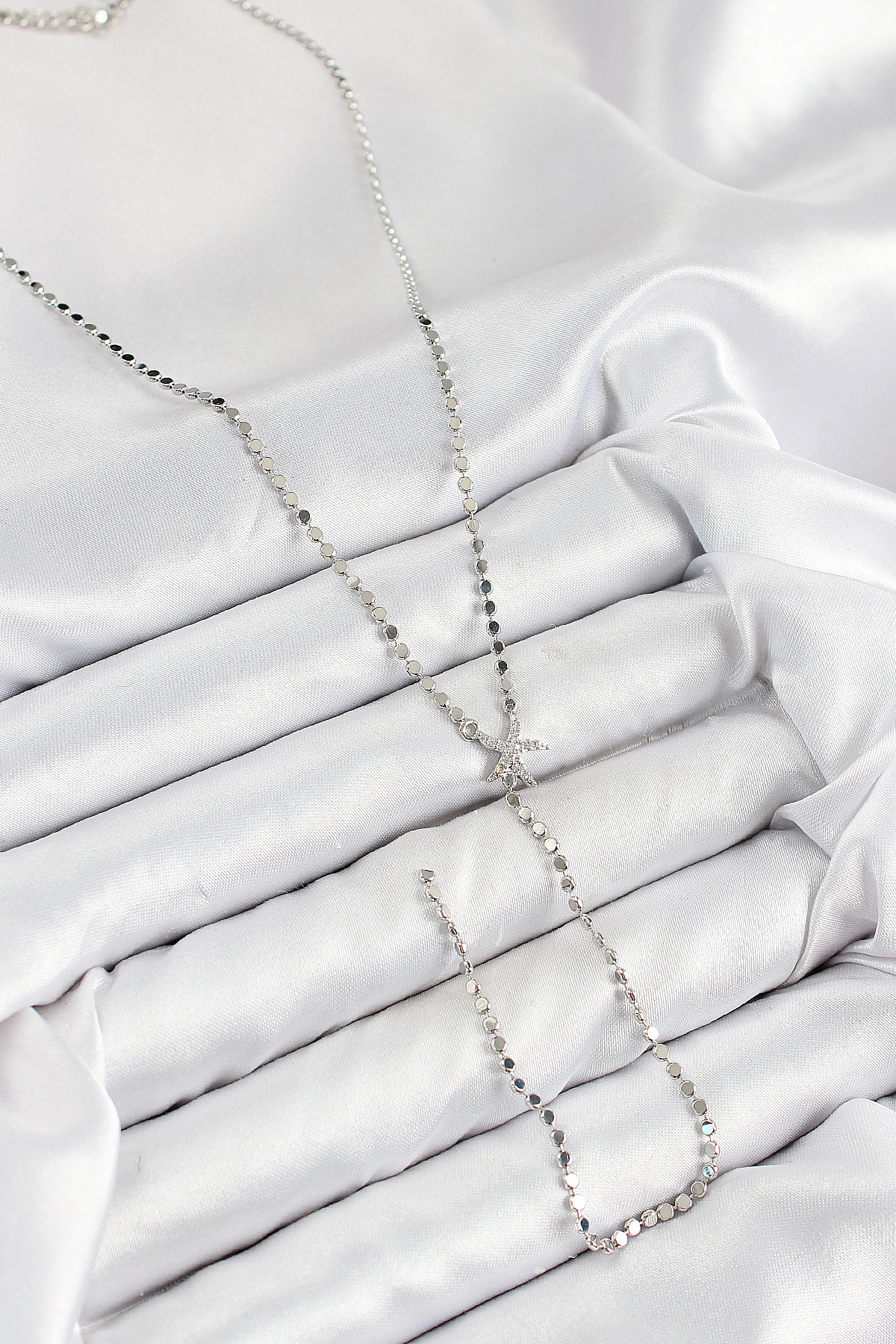 Pirinç Zirkon Taşlı Ezme Zincirli Deniz Yıldızı Model Gümüş Renk Y Kolye - Görsel 2