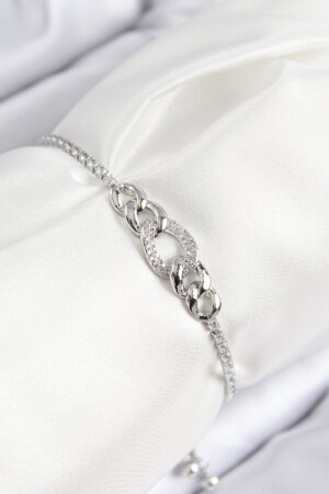 Pirinç Zirkon Taşlı Zincir Model Gümüş Renk Asansörlü Kadın Bileklik