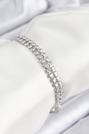 Pirinç Zirkon Taşlı Çift Sıra Model Gümüş Renk Asansörlü Kadın Bileklik