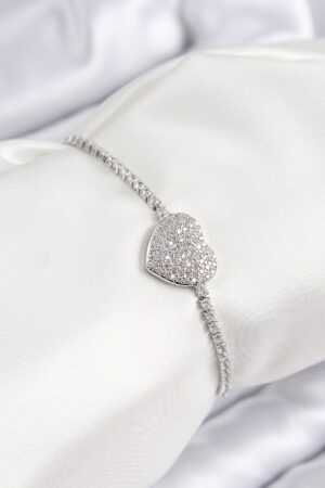 Pirinç Zirkon Taşlı Kalp Model Gümüş Renk Asansörlü Kadın Bileklik