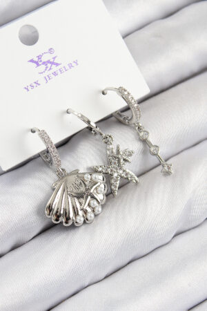 Pirinç Zirkon Taşlı 3'lü Yıldız Ve İstiridye Model Gümüş Renk Kadın Küpe