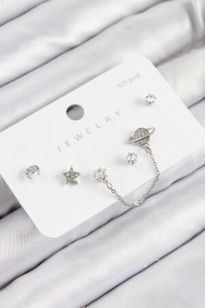 Pirinç Zirkon Taşlı Yıldız Ve Gezegen Model Gümüş Renk 925 Ayar Gümüş Çivi Kadın Küpe Set