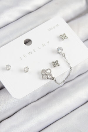 Pirinç Zirkon Taşlı Yonca Model Gümüş Renk 925 Ayar Gümüş Çivi Kadın Küpe Set