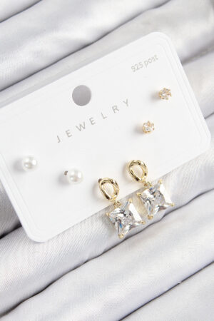 Pirinç Zirkon Taşlı Sallantılı Kare Model Gold Renk 925 Ayar Gümüş Çivi Kadın Küpe Set