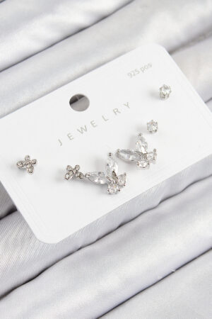 Pirinç Zirkon Taşlı Kelebek Model Gümüş Renk 925 Ayar Gümüş Çivi Kadın Küpe Set