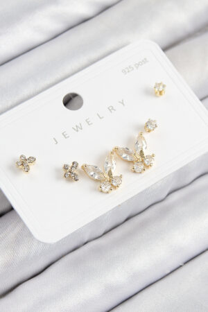 Pirinç Zirkon Taşlı Kelebek Model Gold Renk 925 Ayar Gümüş Çivi Kadın Küpe Set