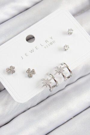 Pirinç Zirkon Taşlı Kutup Yıldızı Model Gümüş Renk 925 Ayar Gümüş Çivi Kadın Küpe Set