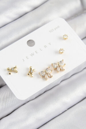 Pirinç Zirkon Taşlı Fiyonk Model Gold Renk 925 Ayar Gümüş Çivi Kadın Küpe Set