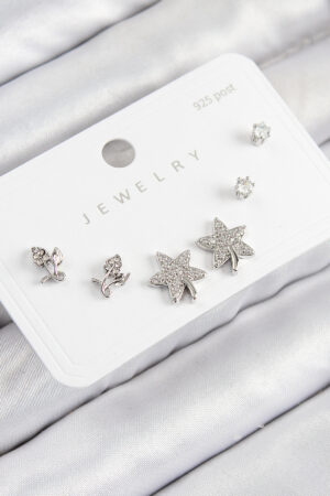 Pirinç Zirkon Taşlı Yıldız Ve Gül Model Gümüş Renk 925 Ayar Gümüş Çivi Kadın Küpe Set