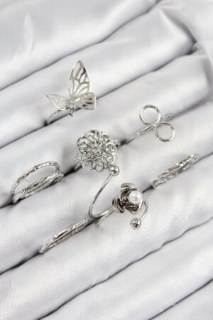 Pirinç Gül Kelebek Model Gümüş Renk Kadın Yüzük Kombin Set