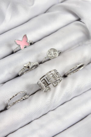 Pirinç Kelebek Ve Kalp Model Gümüş Renk Kadın Yüzük Kombin Set