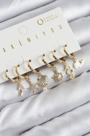 Pirinç Zirkon Taşlı İstiridye Balina Ve Yıldız Gold Renk 6'lı Küpe Set
