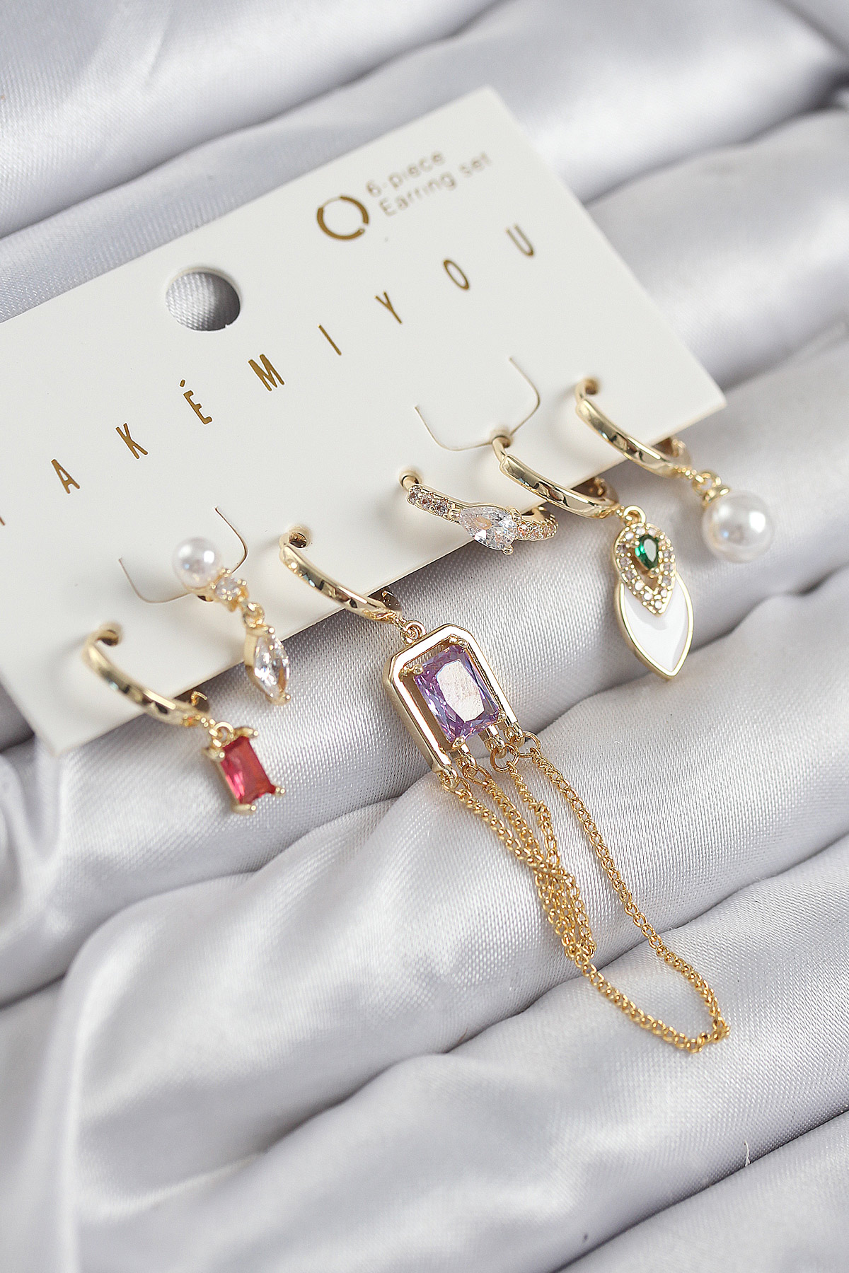 Pirinç Zirkon Taşlı Sallantılı Ve İncili Gold Renk 6'lı Küpe Set