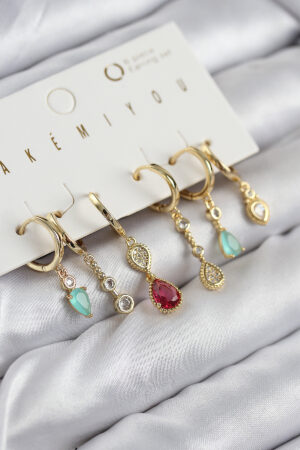 Pirinç Zirkon Taşlı Sallantılı Model Gold Renk 6'lı Küpe Set