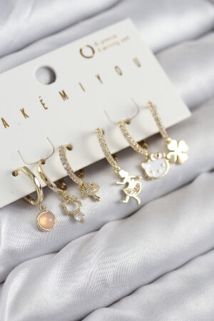 Pirinç Zirkon Taşlı Hello Kity Ve Yonca Model Gold Renk 6'lı Küpe Set