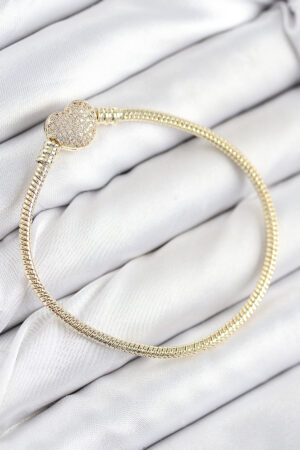 Pirinç Charm Zirkon Taşlı Kalp Model Gold Renk Kadın Bileklik
