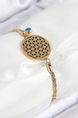 316L Çelik Nazar Boncuğu Detaylı Yaşam Çiçeği Model Gold Renk Kadın Bileklik