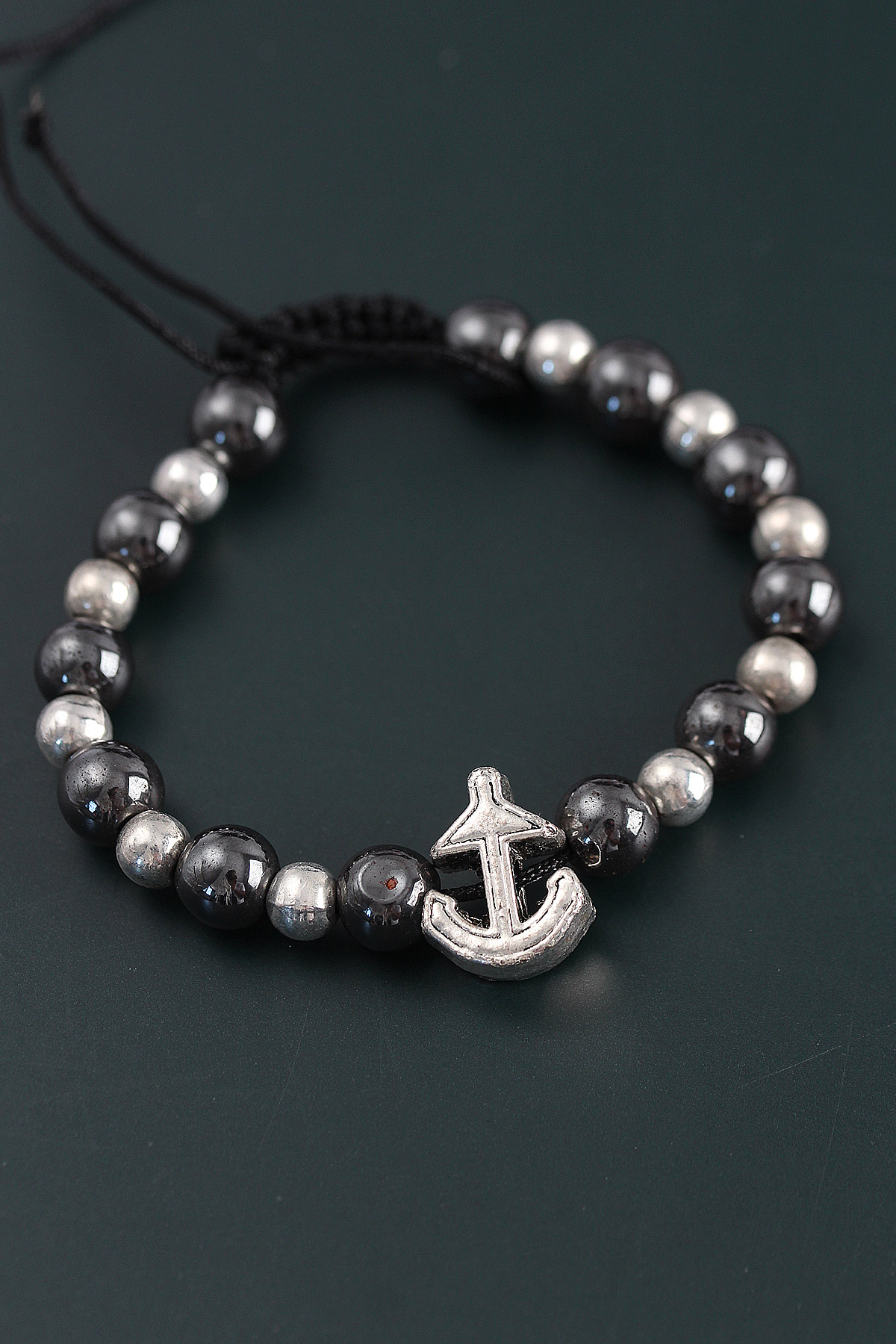 Doğal Taş Çapa Model Gümüş Ve Füme Renk Asansörlü Erkek Bileklik - Görsel 2