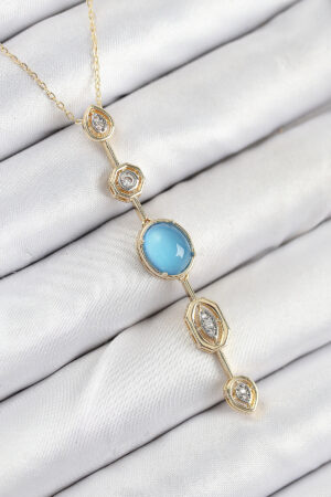 Pirinç Zincir Mavi Gold Renk Zirkon Taşlı Y Kolye