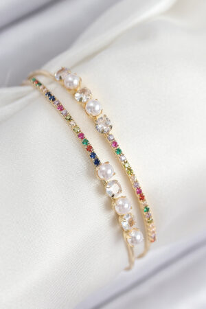 Pirinç Zirkon Taşlı İnci Model Gold Renk Kadın Bileklik