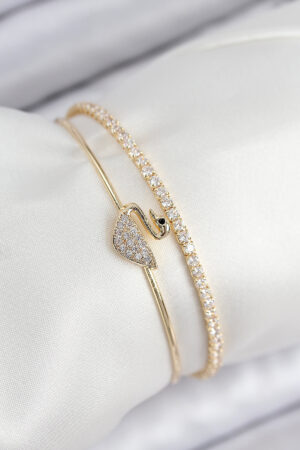 Pirinç Zirkon Taşlı Kuğu Model Gold Renk Kadın Bileklik