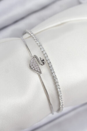 Pirinç Zirkon Taşlı Kuğu Model Gümüş Renk Kadın Bileklik