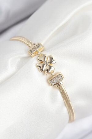 Pirinç Zirkon Taşlı Yonca Model Gold Renk Kadın Bileklik