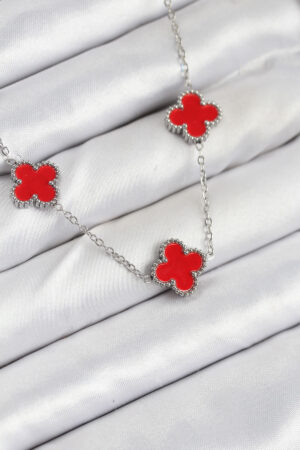 316L Çelik Zincir Gümüş Kırmızı Renk Yonca Kadın Kolye