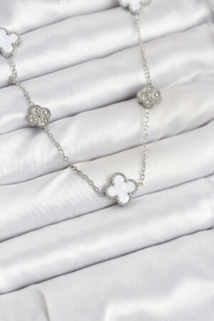 316L Çelik Zincir Gümüş Renk Beyaz ve Zirkon Taşlı Yonca Kadın Kolye