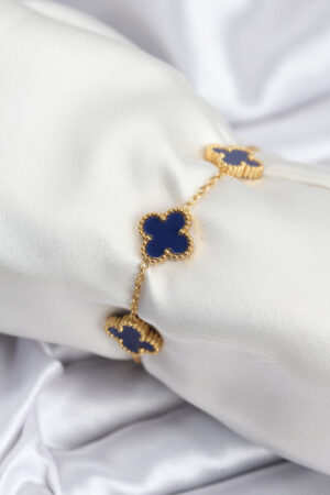 316L Çelik Zincir Gold Renk Lacivert Yonca Kadın Bileklik