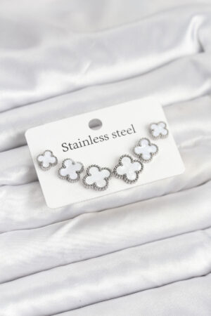 316L Çelik Gümüş Beyaz Renk 3 Boy Yonca Küpe Seti