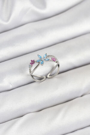 Pirinç Gümüş Renk Zirkon Taşlı Mavi Çiçekli Kadın Yüzük