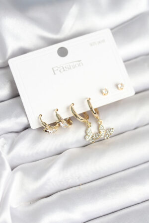 Gold Renk Pirinç Kelebek Model 925 Ayar Gümüş Çivili Kadın Küpe Seti