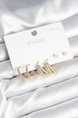 Gold Renk Pirinç 925 Ayar Gümüş Çivili Kadın Küpe Seti