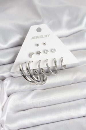 Pirinç Gümüş Renk Halka Modelli 6 Çift Kadın Küpe