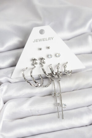 Gümüş Renk Pirinç 6'lı Kadın Küpe Seti